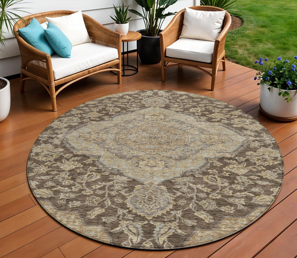 Homeroots 3' Charcoal Gray And Brown Oriental Washable Rug For Indoor And Outdoor Spaces - Durable Design 8' Round Polyester 605237