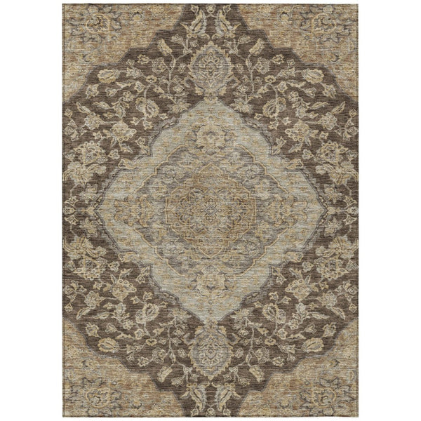 HomeRoots 9' X 12' Elegant Chocolate Beige Gray Oriental Washable Area Rug for Indoor & Outdoor Use 605239