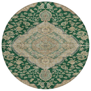 HomeRoots 5' Classic Oriental Area Rug in Emerald, Beige & Brown - Washable, Stain-Resistant for Indoor/Outdoor Use 8' Round 605243