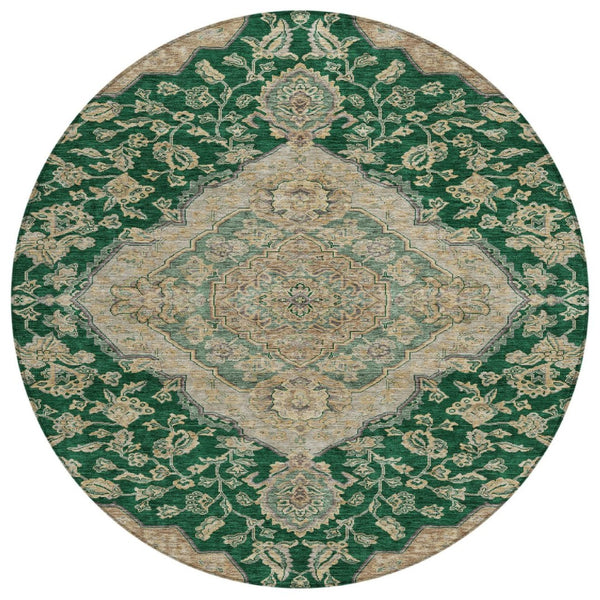 HomeRoots 5' Classic Oriental Area Rug in Emerald, Beige & Brown - Washable, Stain-Resistant for Indoor/Outdoor Use 8' Round 605243
