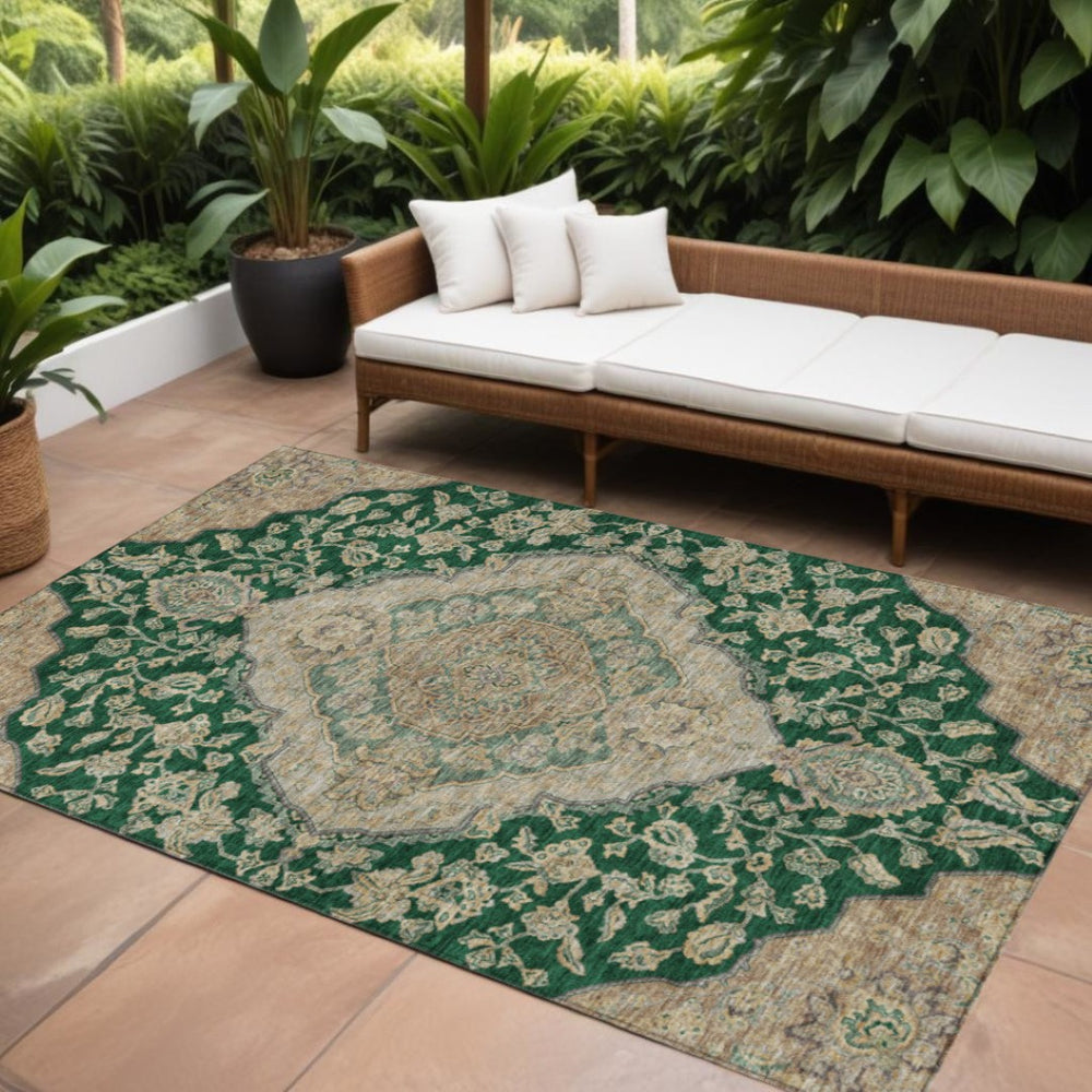 HomeRoots 9' Elegant Emerald Beige Brown Oriental Rug – Washable, Stain-Resistant for Indoor/Outdoor Use! 605245