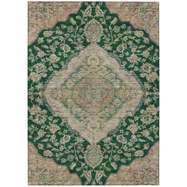 HomeRoots 5' Classic Oriental Area Rug in Emerald, Beige & Brown - Washable, Stain-Resistant for Indoor/Outdoor Use 10' X 14' 605246