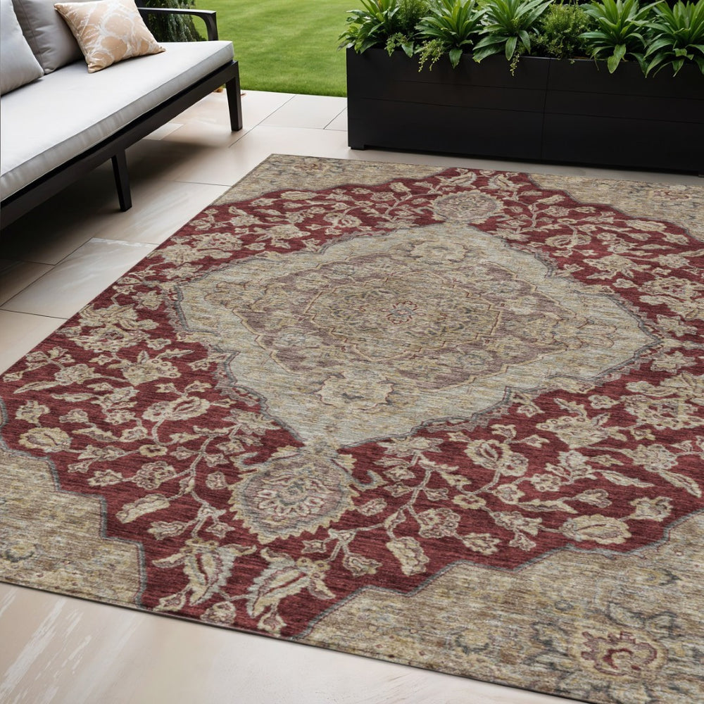 HomeRoots 5' Elegant Red Beige Brown Oriental Washable Area Rug for Indoor Outdoor Spaces – Durable & Stylish 5' X 8' 605248