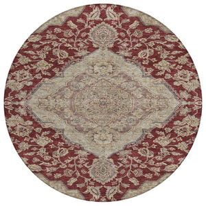 HomeRoots 5' Elegant Red Beige Brown Oriental Washable Area Rug for Indoor Outdoor Spaces – Durable & Stylish 8' Round 605249