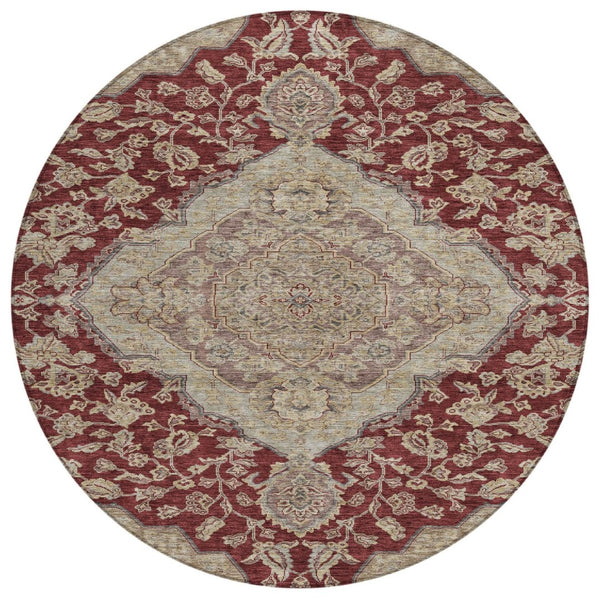 HomeRoots 5' Elegant Red Beige Brown Oriental Washable Area Rug for Indoor Outdoor Spaces – Durable & Stylish 8' Round 605249