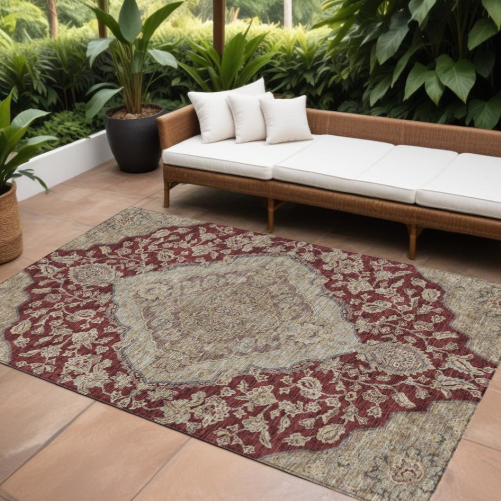 HomeRoots 9' X 12' Red Beige Brown Area Rug - Durable, Washable Oriental Design for Indoor & Outdoor Spaces 605251