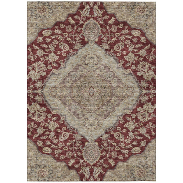 HomeRoots 5' Elegant Red Beige Brown Oriental Washable Area Rug for Indoor Outdoor Spaces – Durable & Stylish 10' X 14' 605252