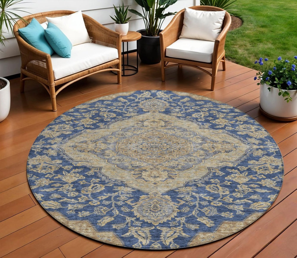 HomeRoots 5' Elegant Navy Blue and Beige Oriental Area Rug – Durable, Washable Design for Indoor & Outdoor Use 8' Round 605255