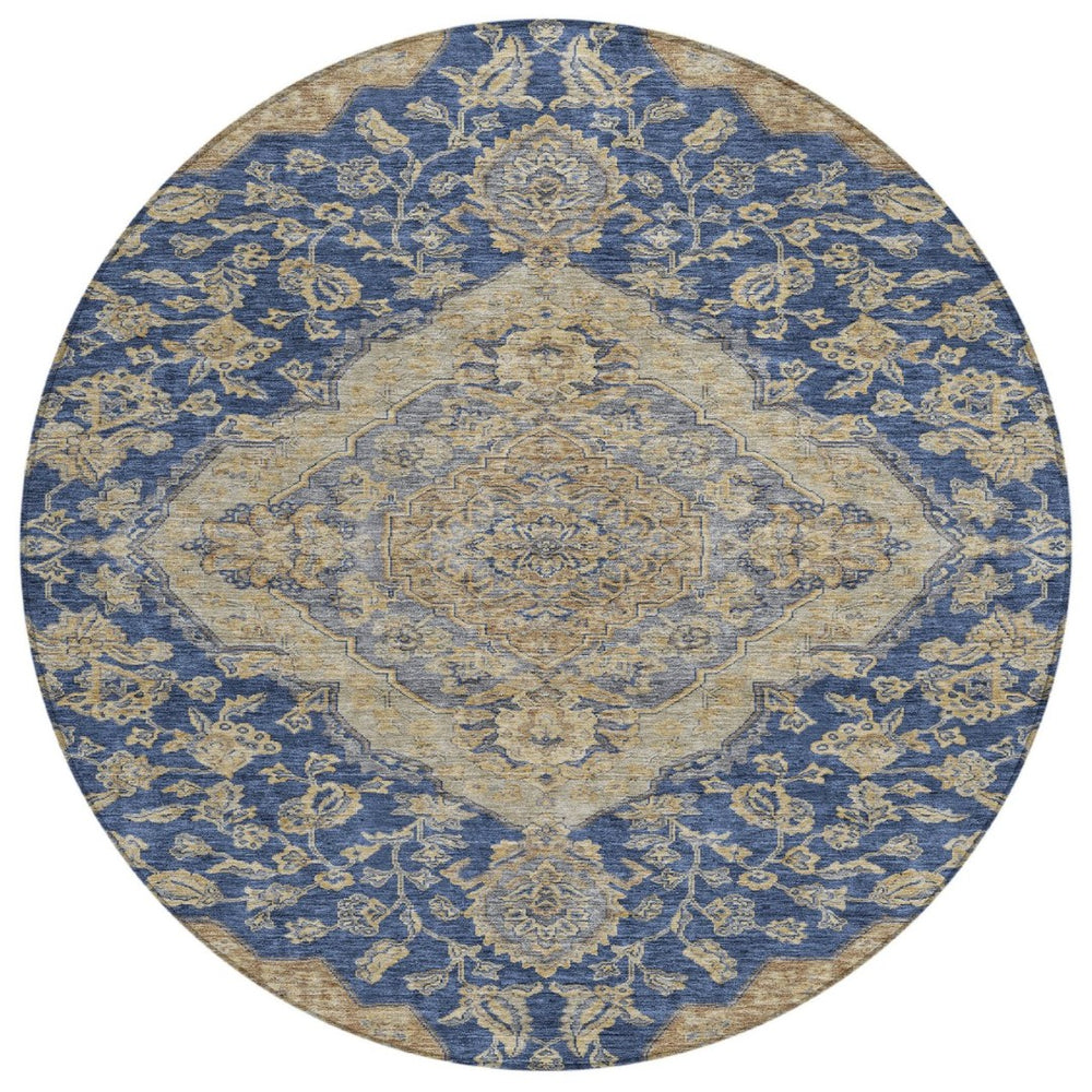 HomeRoots 5' Elegant Navy Blue and Beige Oriental Area Rug – Durable, Washable Design for Indoor & Outdoor Use 8' Round 605255