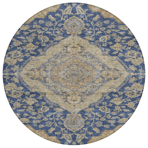 HomeRoots 5' Elegant Navy Blue and Beige Oriental Area Rug – Durable, Washable Design for Indoor & Outdoor Use 8' Round 605255