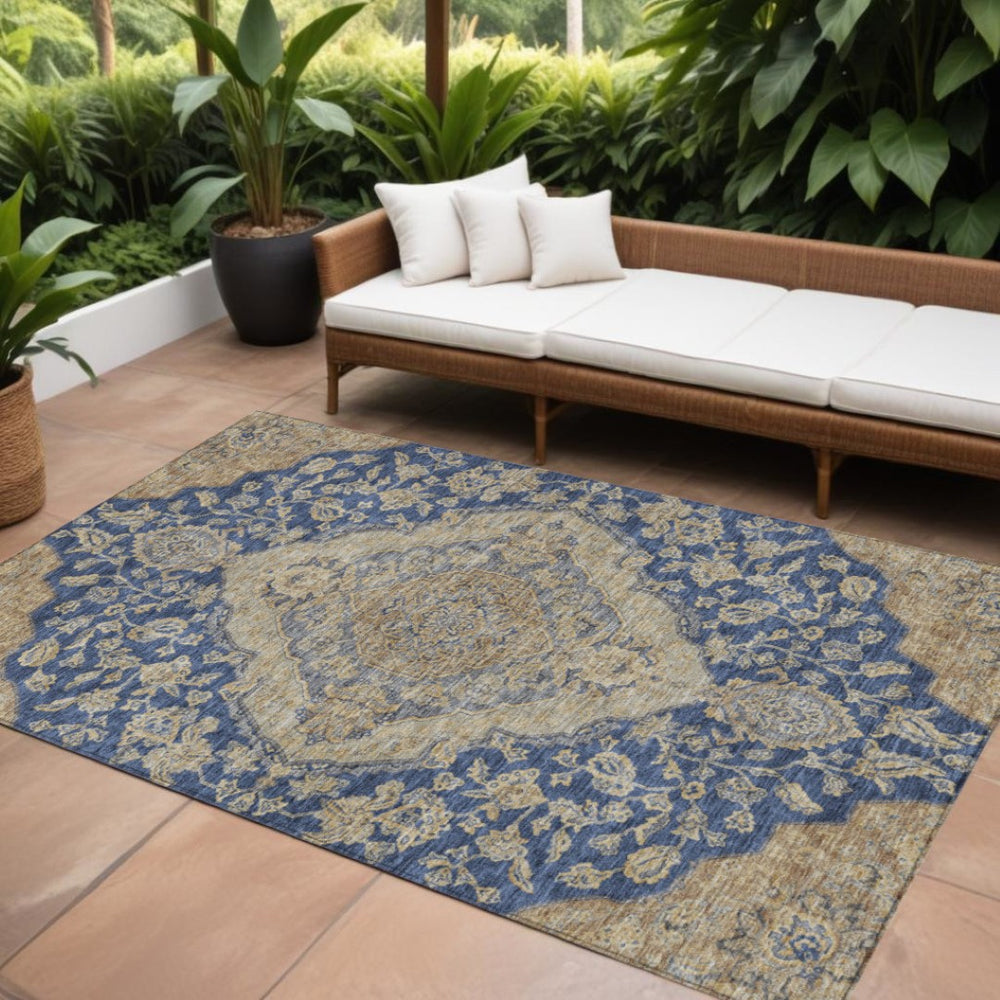 HomeRoots 9' X 12' Classic Navy Blue Beige Brown Oriental Area Rug - Washable Indoor/Outdoor, Durable Design 605257