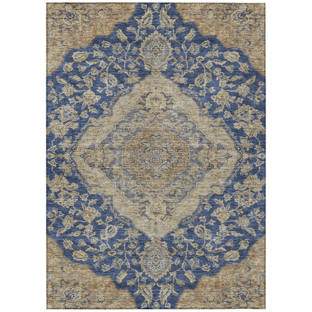 HomeRoots 9' X 12' Classic Navy Blue Beige Brown Oriental Area Rug - Washable Indoor/Outdoor, Durable Design 605257