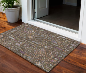 Homeroots 3' Stylish Brown Purple And Blue Floral Washable Area Rug For Indoor And Outdoor Use, Durable Design 3' X 5' Polyester 605259
