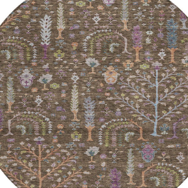 Homeroots 3' Stylish Brown Purple And Blue Floral Washable Area Rug For Indoor And Outdoor Use, Durable Design 8' Round Polyester 605261