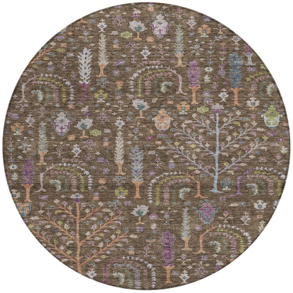 Homeroots 3' Stylish Brown Purple And Blue Floral Washable Area Rug For Indoor And Outdoor Use, Durable Design 8' Round Polyester 605261