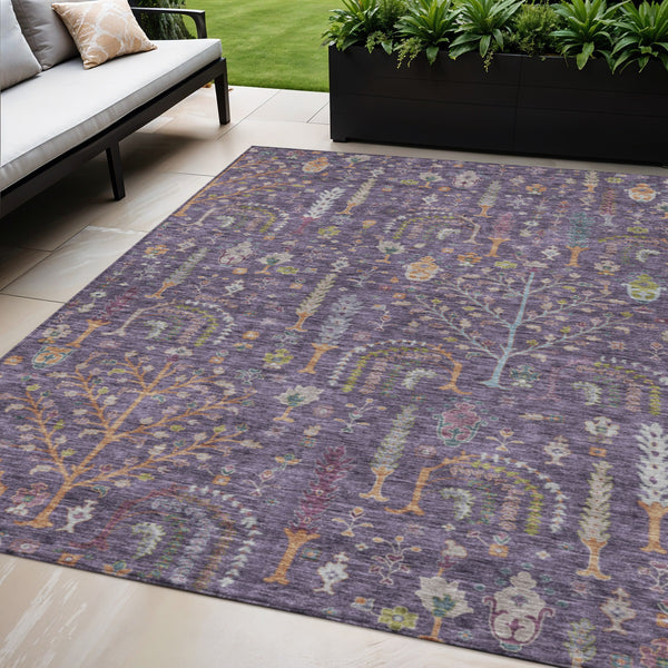 Homeroots 3' Stylish Brown Purple And Blue Floral Washable Area Rug For Indoor And Outdoor Use, Durable Design 5' X 8' Polyester 605266