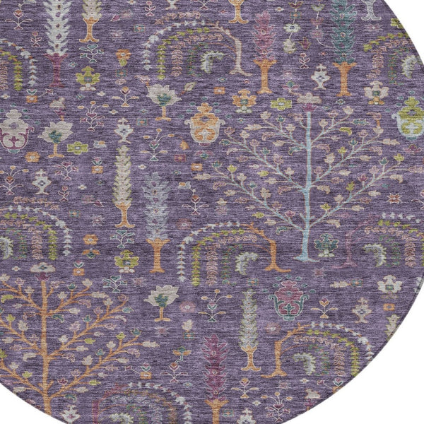 Homeroots 3' Stylish Brown Purple And Blue Floral Washable Area Rug For Indoor And Outdoor Use, Durable Design 8' Round Polyester 605267
