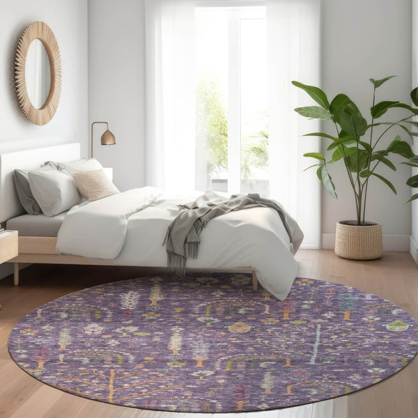 Homeroots 3' Stylish Brown Purple And Blue Floral Washable Area Rug For Indoor And Outdoor Use, Durable Design 8' Round Polyester 605267