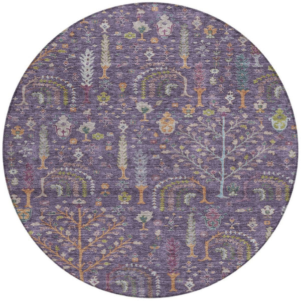 Homeroots 3' Stylish Brown Purple And Blue Floral Washable Area Rug For Indoor And Outdoor Use, Durable Design 8' Round Polyester 605267