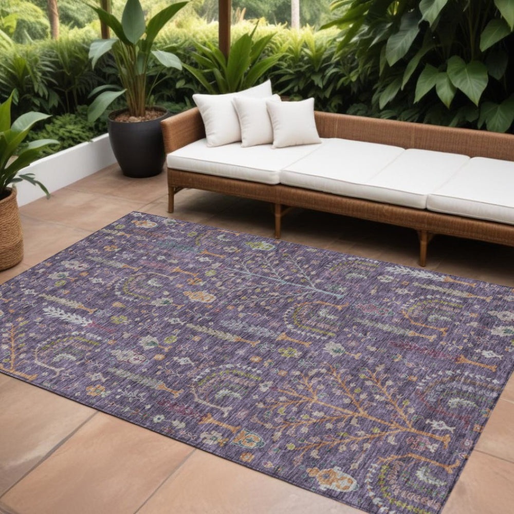 HomeRoots 9' X 12' Washable Floral Area Rug in Eggplant, Terra Cotta & Green for Indoor/Outdoor Elegance 605269