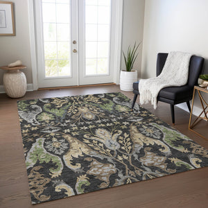 Homeroots 3' Elegant Black Green & Brown Floral Washable Area Rug For Indoor & Outdoor Spaces, 36" X 60" 3' X 5' Polyester 605271