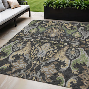 Homeroots 3' Elegant Black Green & Brown Floral Washable Area Rug For Indoor & Outdoor Spaces, 36" X 60" 5' X 8' Polyester 605272