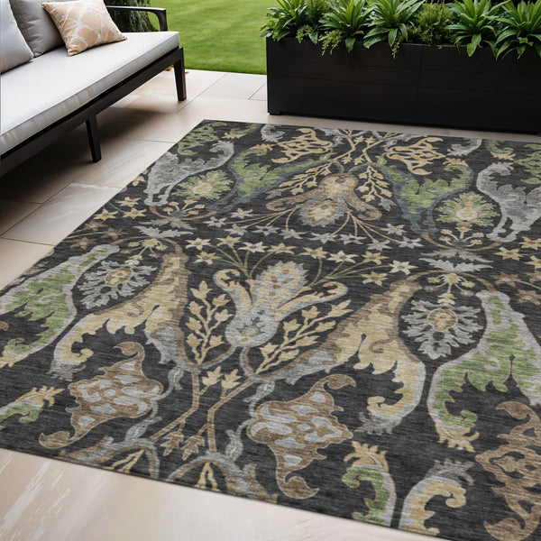 Homeroots 3' Elegant Black Green & Brown Floral Washable Area Rug For Indoor & Outdoor Spaces, 36" X 60" 5' X 8' Polyester 605272