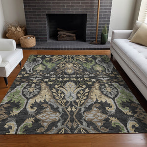 Homeroots 3' Elegant Black Green & Brown Floral Washable Area Rug For Indoor & Outdoor Spaces, 36" X 60" 5' X 8' Polyester 605272