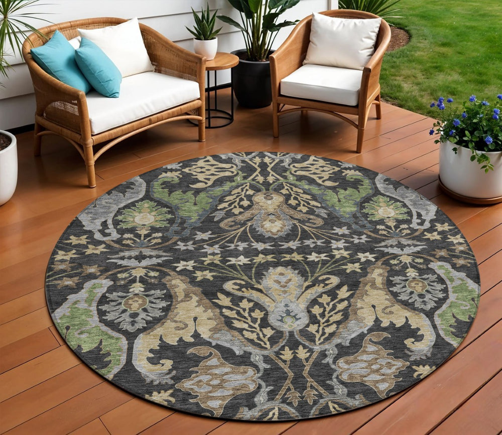HomeRoots 5' Floral Washable Area Rug in Black, Green & Brown – Durable, Stylish for Indoor & Outdoor Use 8' Round 605273