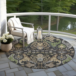 Homeroots 3' Elegant Black Green & Brown Floral Washable Area Rug For Indoor & Outdoor Spaces, 36" X 60" 8' Round Polyester 605273