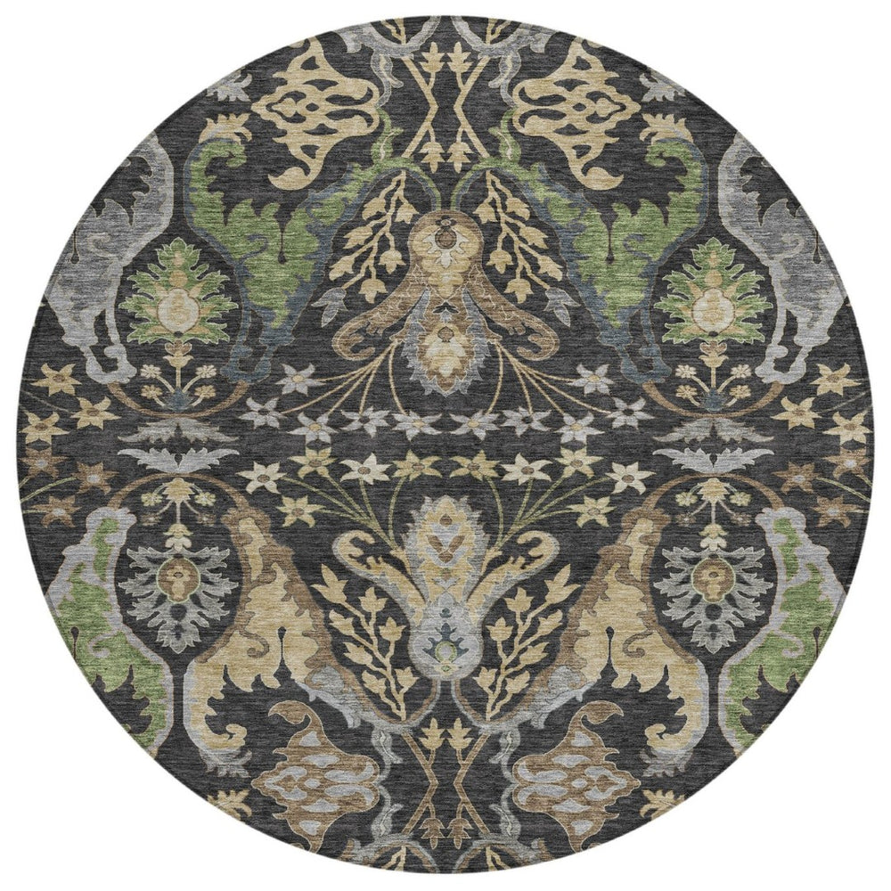 HomeRoots 5' Floral Washable Area Rug in Black, Green & Brown – Durable, Stylish for Indoor & Outdoor Use 8' Round 605273