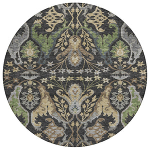 HomeRoots 5' Floral Washable Area Rug in Black, Green & Brown – Durable, Stylish for Indoor & Outdoor Use 8' Round 605273