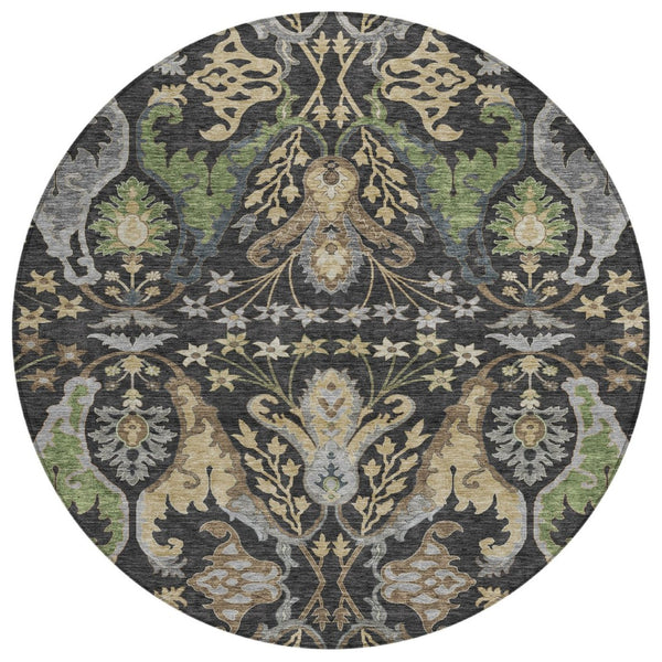 HomeRoots 5' Floral Washable Area Rug in Black, Green & Brown – Durable, Stylish for Indoor & Outdoor Use 8' Round 605273