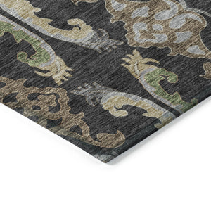 Homeroots 3' Elegant Black Green & Brown Floral Washable Area Rug For Indoor & Outdoor Spaces, 36" X 60" 8' Round Polyester 605273