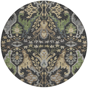 Homeroots 3' Elegant Black Green & Brown Floral Washable Area Rug For Indoor & Outdoor Spaces, 36" X 60" 8' Round Polyester 605273