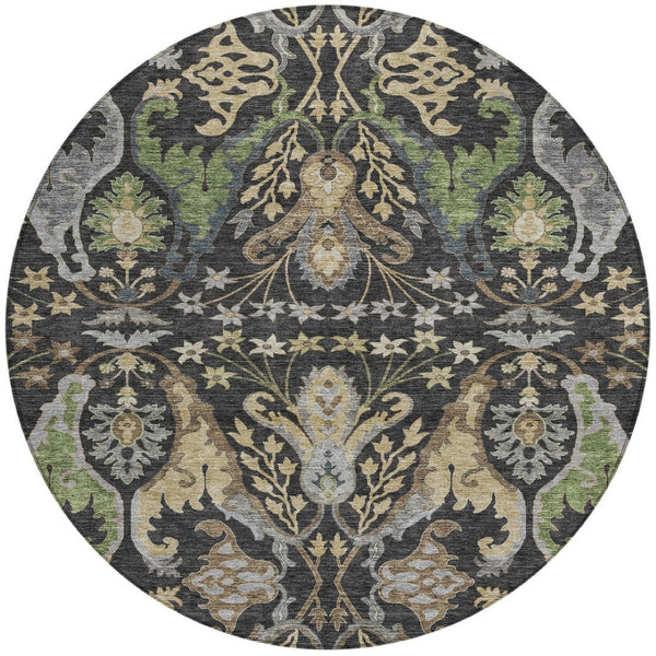 Homeroots 3' Elegant Black Green & Brown Floral Washable Area Rug For Indoor & Outdoor Spaces, 36" X 60" 8' Round Polyester 605273