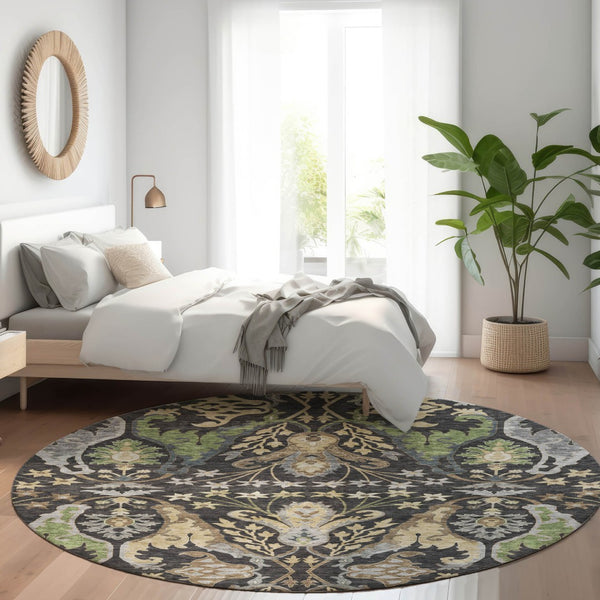 Homeroots 3' Elegant Black Green & Brown Floral Washable Area Rug For Indoor & Outdoor Spaces, 36" X 60" 8' Round Polyester 605273