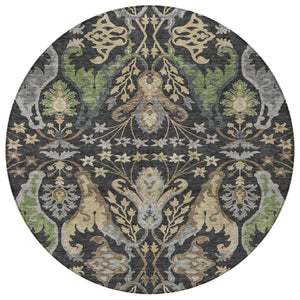 Homeroots 3' Elegant Black Green & Brown Floral Washable Area Rug For Indoor & Outdoor Spaces, 36" X 60" 8' Round Polyester 605273
