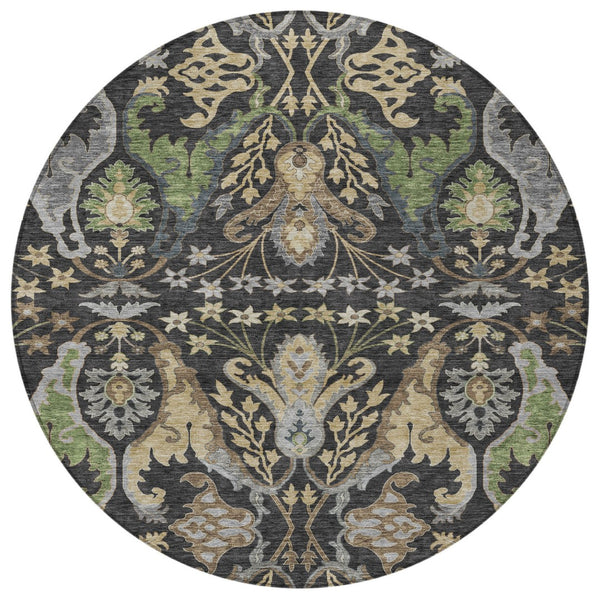 Homeroots 3' Elegant Black Green & Brown Floral Washable Area Rug For Indoor & Outdoor Spaces, 36" X 60" 8' Round Polyester 605273
