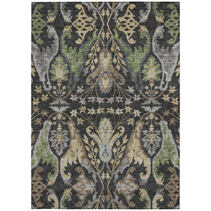 Homeroots 3' Elegant Black Green & Brown Floral Washable Area Rug For Indoor & Outdoor Spaces, 36" X 60" 8' X 10' Polyester 605274