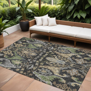 Homeroots 3' Elegant Black Green & Brown Floral Washable Area Rug For Indoor & Outdoor Spaces, 36" X 60" 9' X 12' Polyester 605275