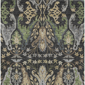 Homeroots 3' Elegant Black Green & Brown Floral Washable Area Rug For Indoor & Outdoor Spaces, 36" X 60" 9' X 12' Polyester 605275