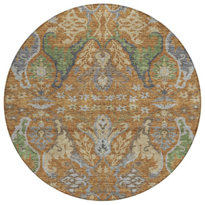 HomeRoots 5' Copper Green and Beige Floral Area Rug - Washable, Durable, Perfect for Indoor and Outdoor Use 8' Round 605279
