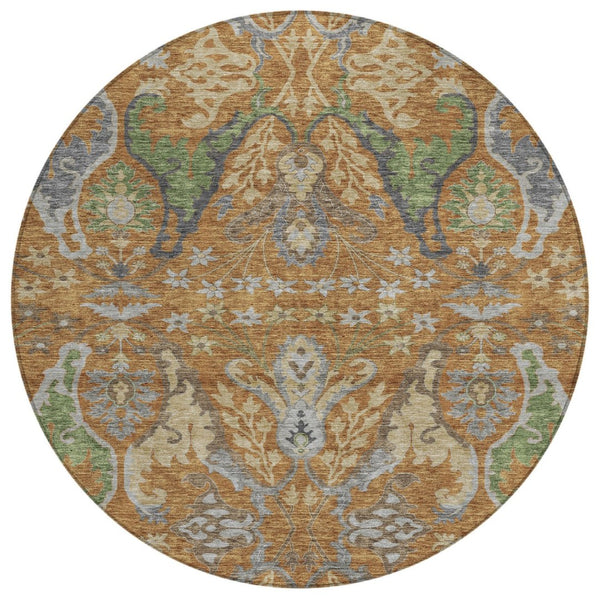 HomeRoots 5' Copper Green and Beige Floral Area Rug - Washable, Durable, Perfect for Indoor and Outdoor Use 8' Round 605279