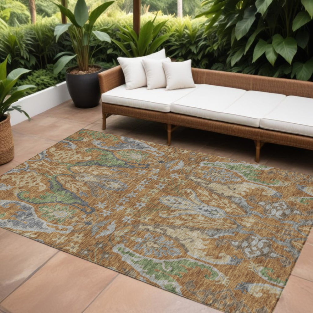 HomeRoots 5' Copper Green and Beige Floral Area Rug - Washable, Durable, Perfect for Indoor and Outdoor Use 8' X 10' 605280