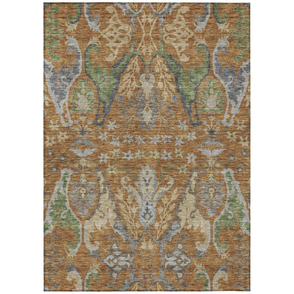 HomeRoots 9' X 12' Copper Green & Beige Floral Washable Area Rug - Durable, Stylish for Indoor & Outdoor Use 605281