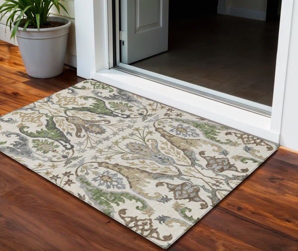 Homeroots 3' Elegant Black Green & Brown Floral Washable Area Rug For Indoor & Outdoor Spaces, 36" X 60" 3' X 5' Polyester 605283