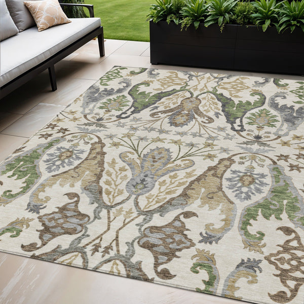 Homeroots 3' Elegant Black Green & Brown Floral Washable Area Rug For Indoor & Outdoor Spaces, 36" X 60" 5' X 8' Polyester 605284