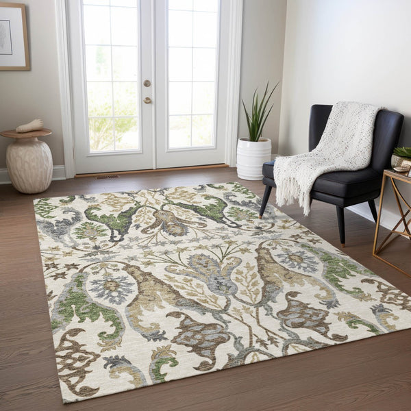 Homeroots 3' Elegant Black Green & Brown Floral Washable Area Rug For Indoor & Outdoor Spaces, 36" X 60" 5' X 8' Polyester 605284