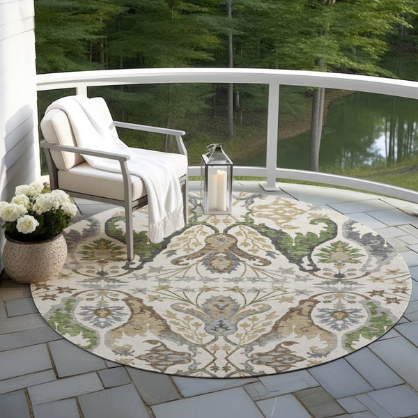 Homeroots 3' Elegant Black Green & Brown Floral Washable Area Rug For Indoor & Outdoor Spaces, 36" X 60" 8' Round Polyester 605285